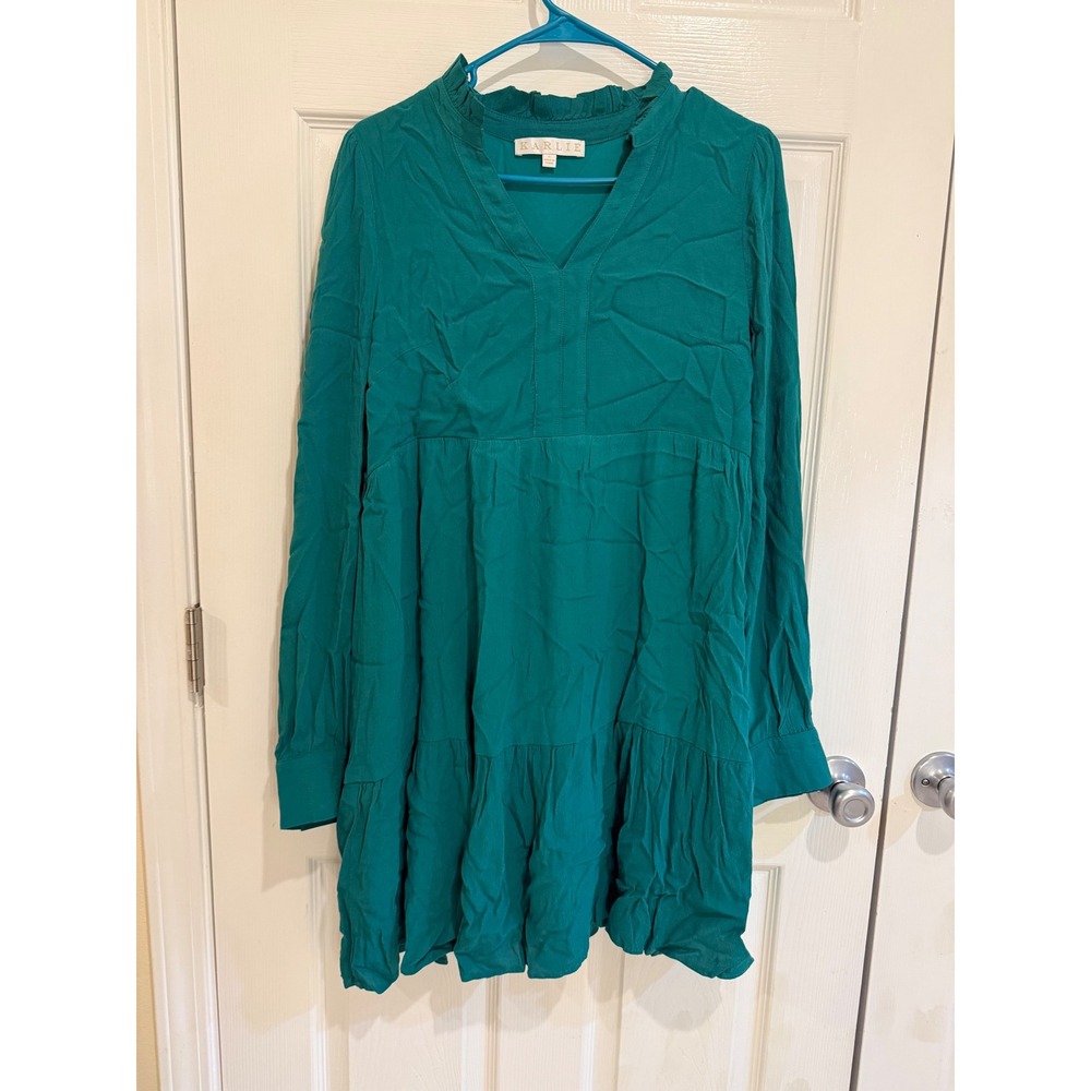 Karlie Mini Dress Ruffle Neck Long‎ Sleeve Casual Green Dress Size S